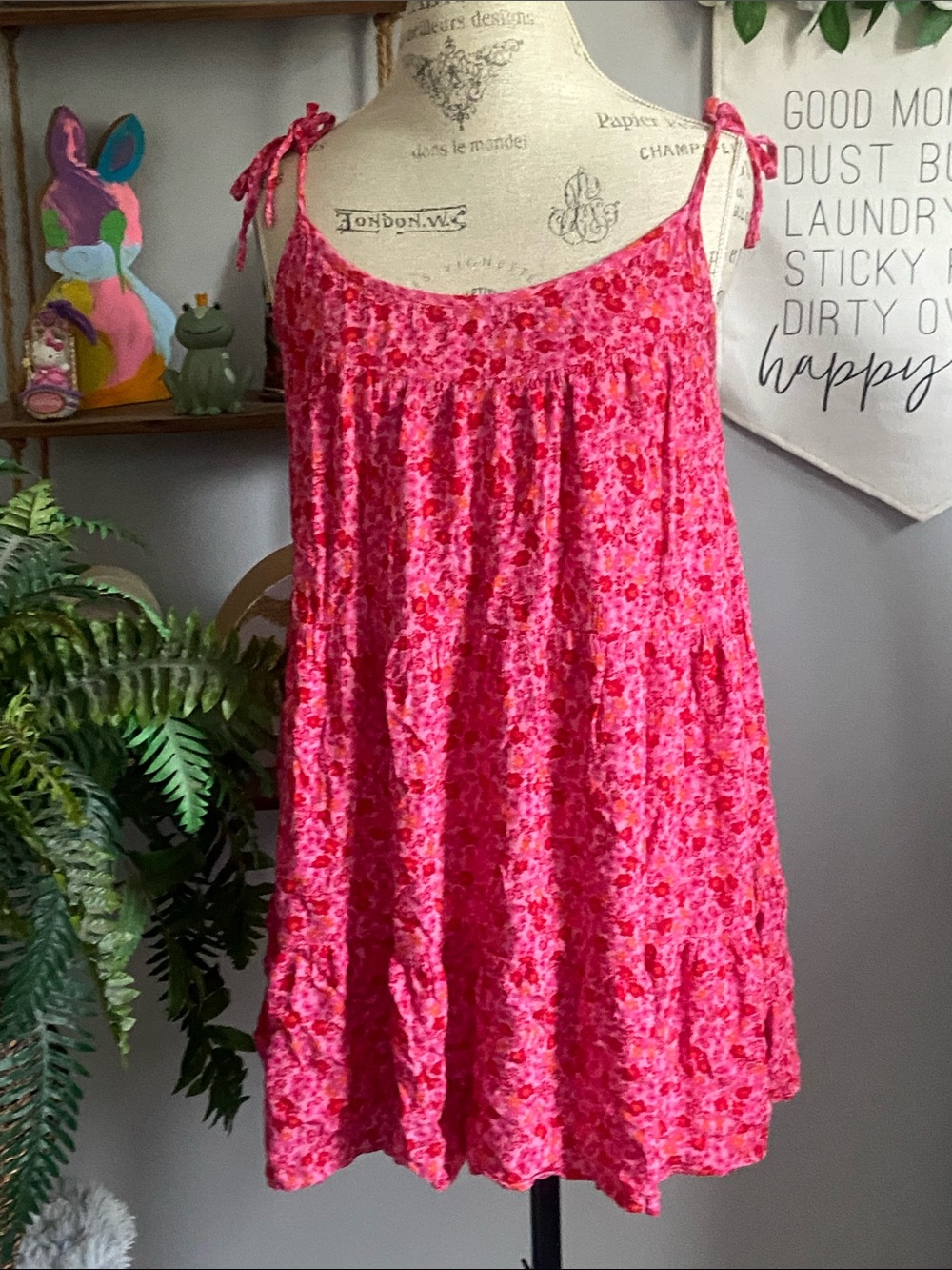 Wild Fable MEDIUM Bright Pink Floral Self Tie-Shoulder Mini Sundress